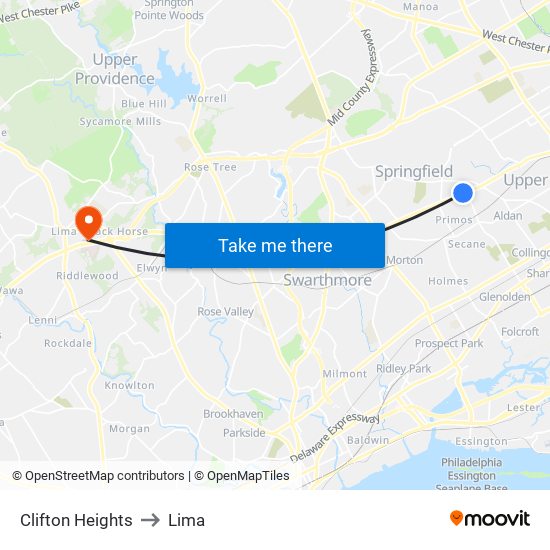 Clifton Heights to Lima map