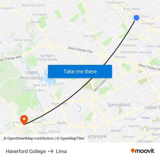 Haverford College to Lima map