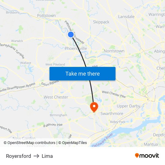 Royersford to Lima map