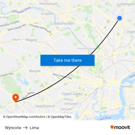 Wyncote to Lima map