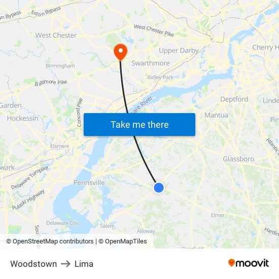 Woodstown to Lima map