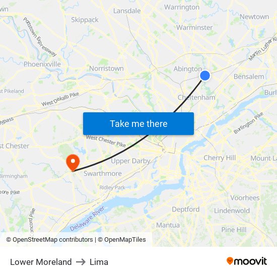 Lower Moreland to Lima map