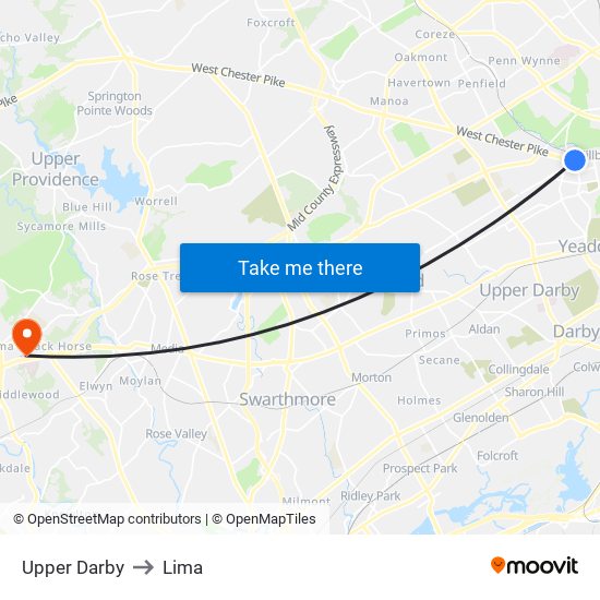 Upper Darby to Lima map