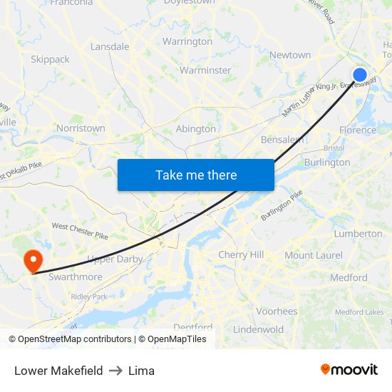 Lower Makefield to Lima map