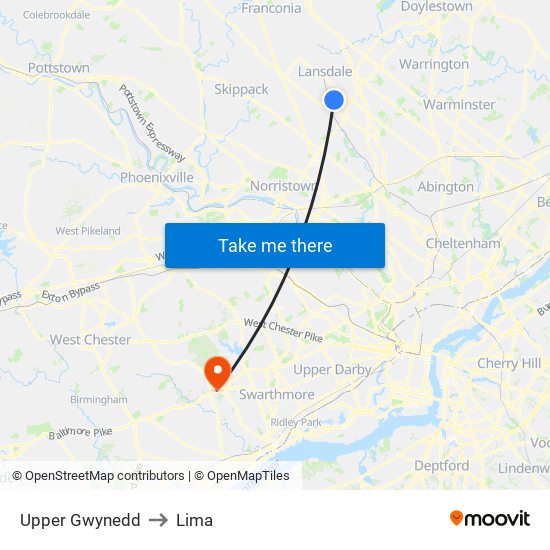 Upper Gwynedd to Lima map