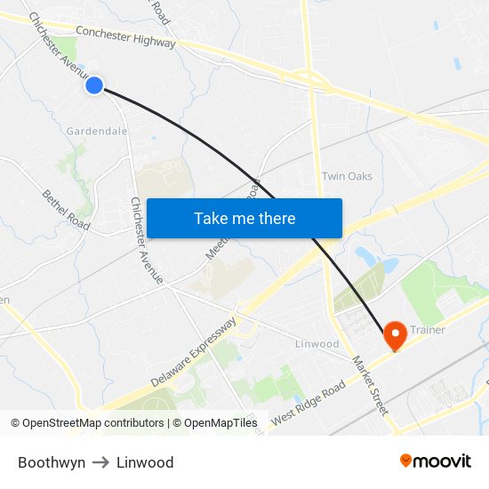 Boothwyn to Linwood map