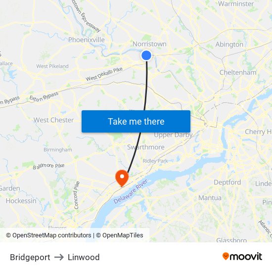 Bridgeport to Linwood map
