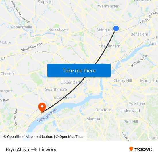 Bryn Athyn to Linwood map