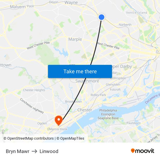 Bryn Mawr to Linwood map