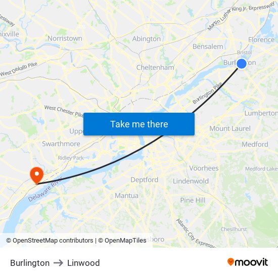 Burlington to Linwood map