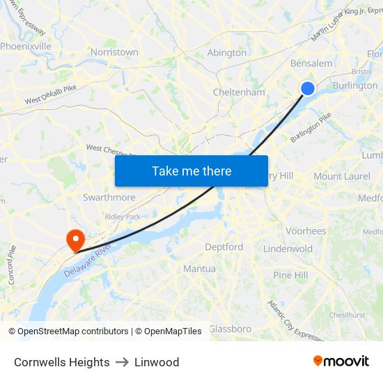 Cornwells Heights to Linwood map