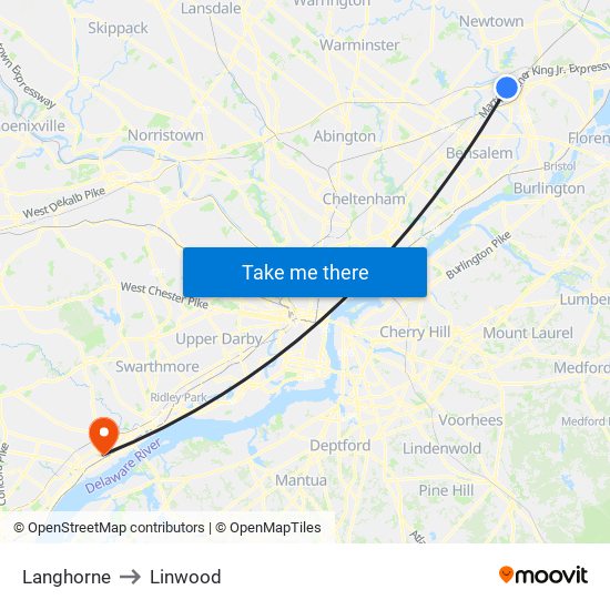 Langhorne to Linwood map