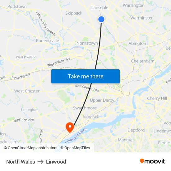 North Wales to Linwood map