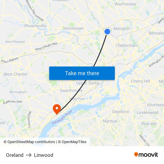 Oreland to Linwood map