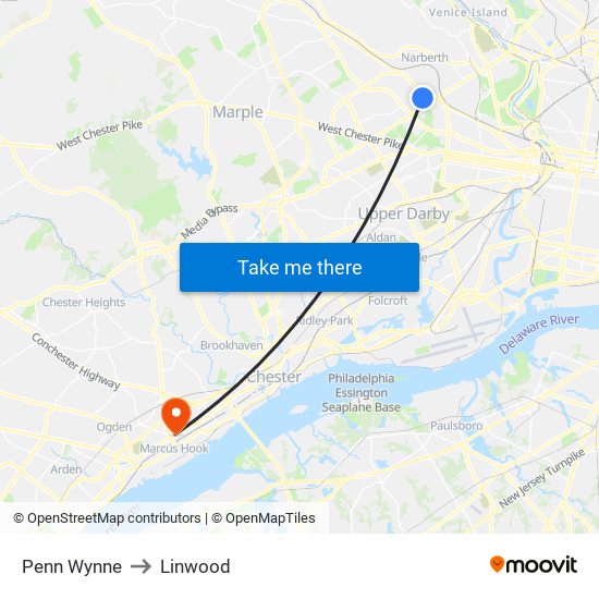 Penn Wynne to Linwood map