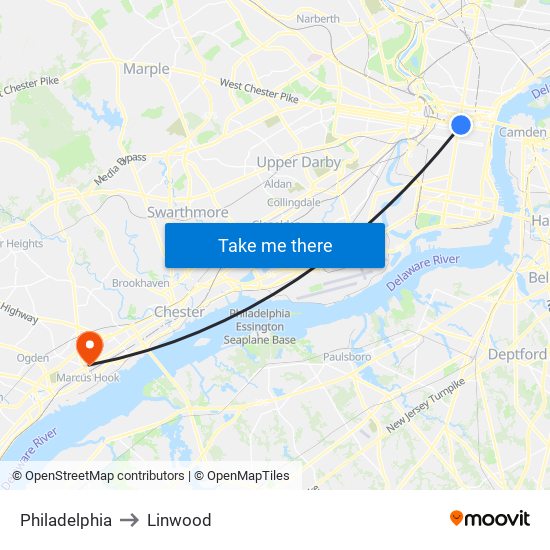 Philadelphia to Linwood map