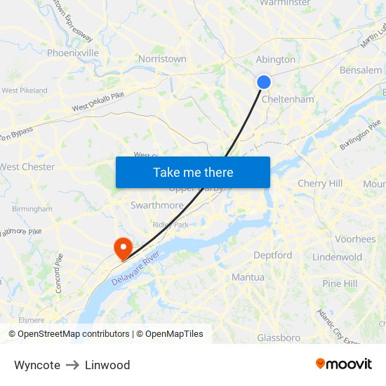 Wyncote to Linwood map