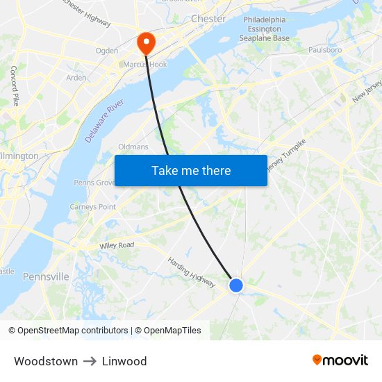 Woodstown to Linwood map