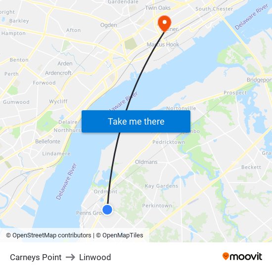 Carneys Point to Linwood map