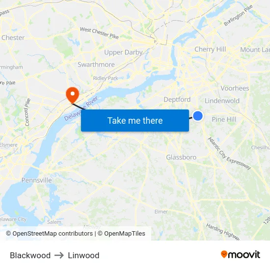 Blackwood to Linwood map