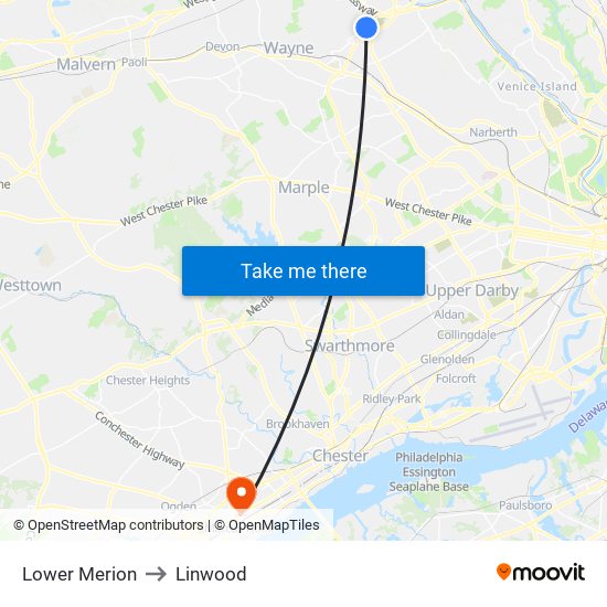 Lower Merion to Linwood map