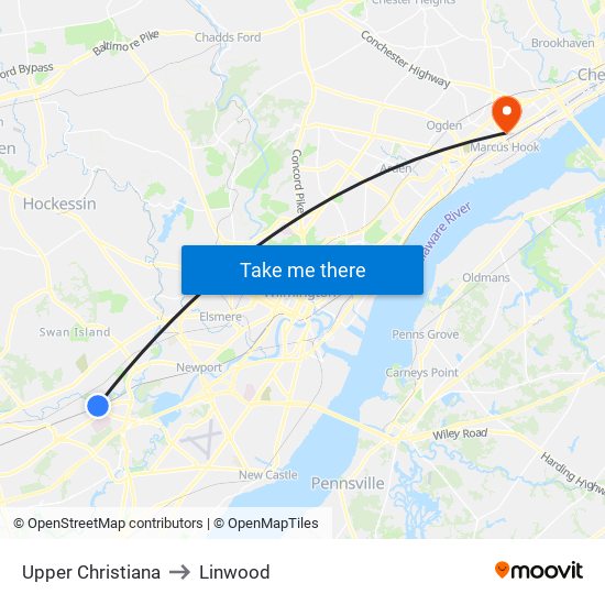 Upper Christiana to Linwood map