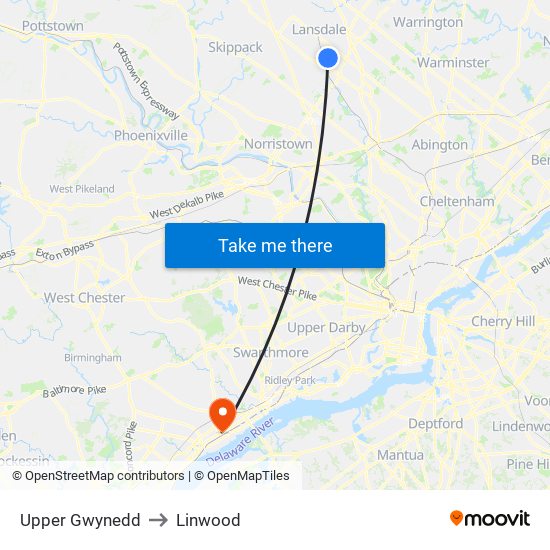 Upper Gwynedd to Linwood map