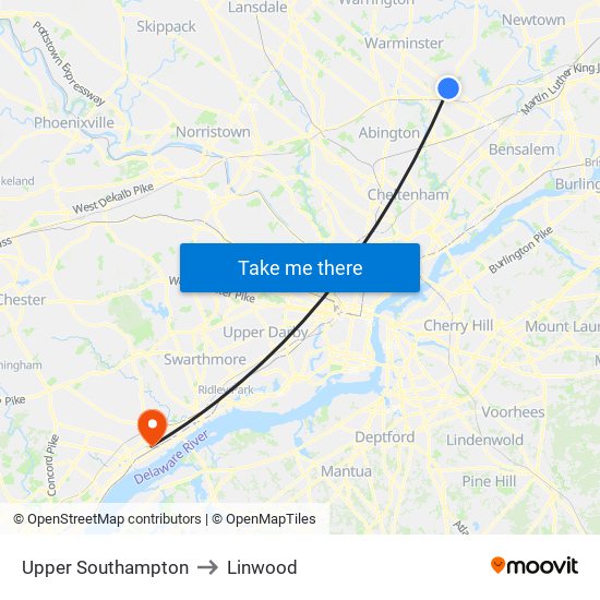 Upper Southampton to Linwood map