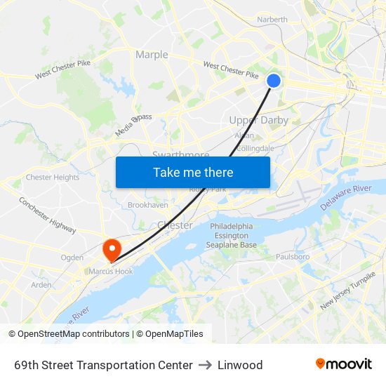 69th Street Transportation Center to Linwood map