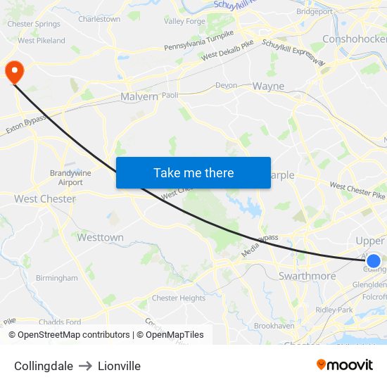 Collingdale to Lionville map