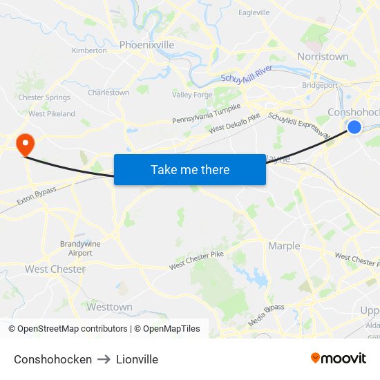 Conshohocken to Lionville map