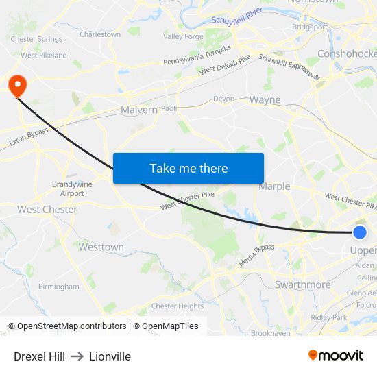 Drexel Hill to Lionville map