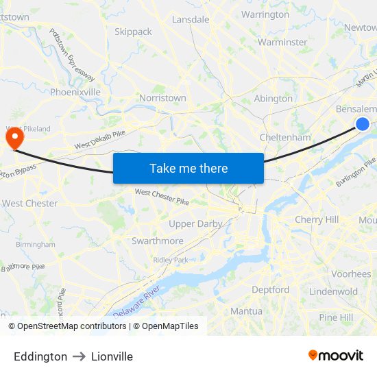 Eddington to Lionville map