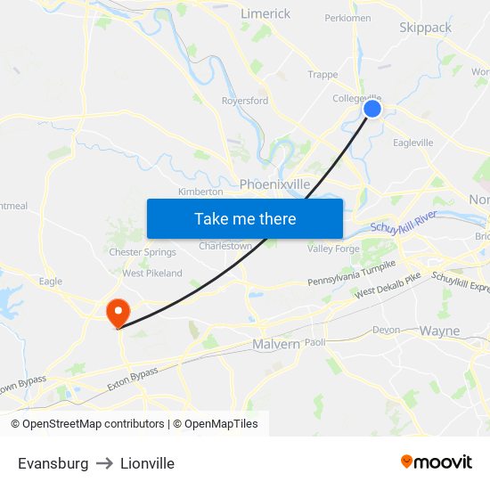 Evansburg to Lionville map