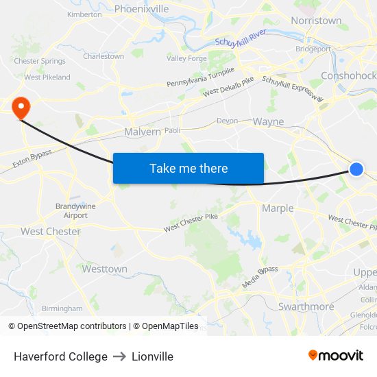 Haverford College to Lionville map