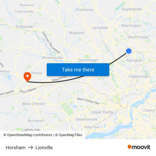 Horsham to Lionville map