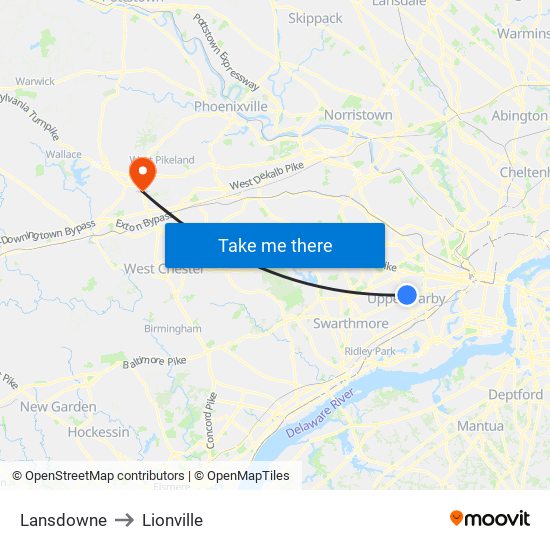 Lansdowne to Lionville map