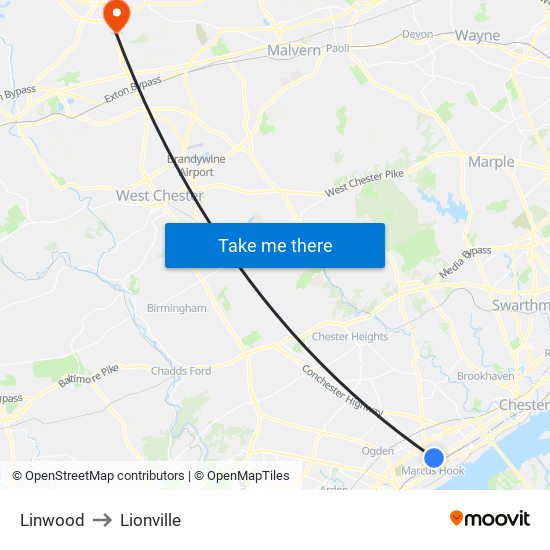 Linwood to Lionville map