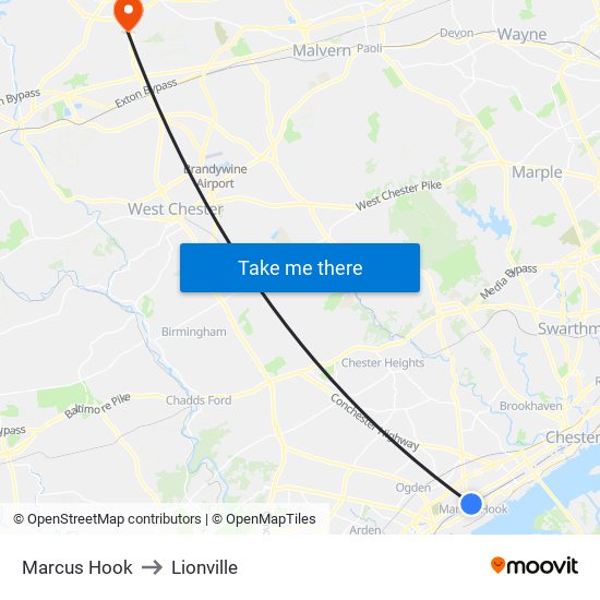 Marcus Hook to Lionville map