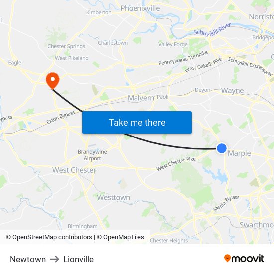 Newtown to Lionville map