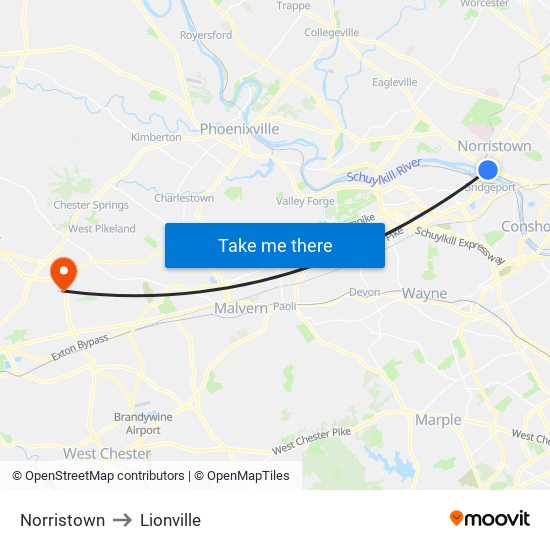 Norristown to Lionville map