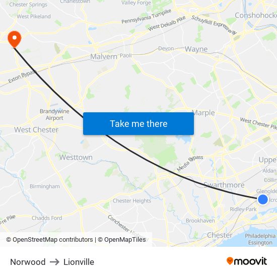 Norwood to Lionville map