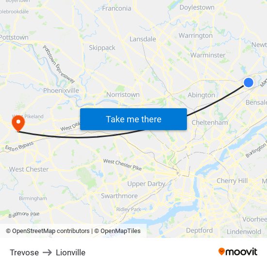 Trevose to Lionville map