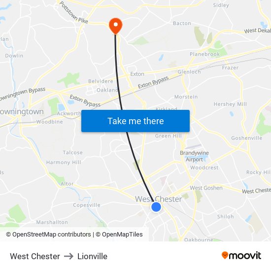 West Chester to Lionville map