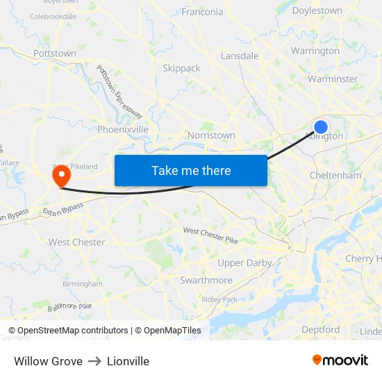 Willow Grove to Lionville map