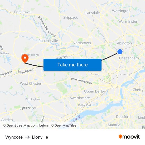 Wyncote to Lionville map