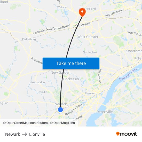 Newark to Lionville map