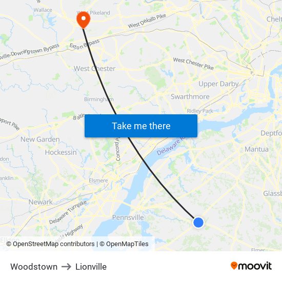 Woodstown to Lionville map