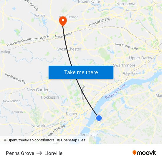 Penns Grove to Lionville map