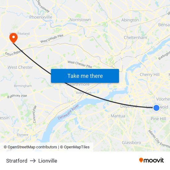 Stratford to Lionville map